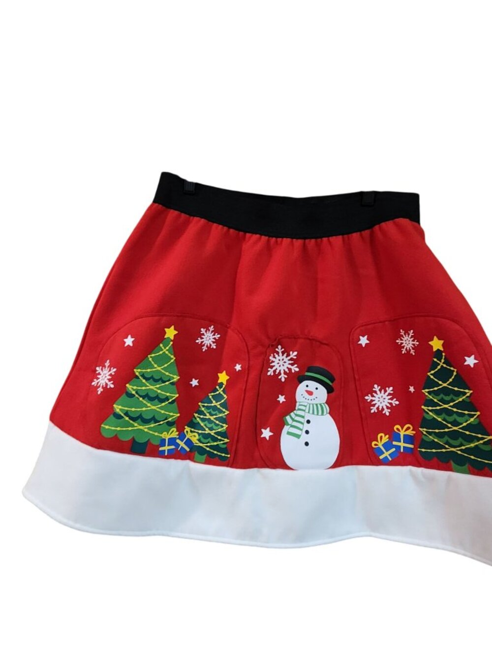 Christmas Holiday Skirt With Snowman & Tree Prints Red White Large